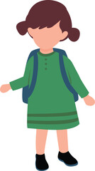 Little girl with pigtails wearing a green dress and backpack isolated on white background