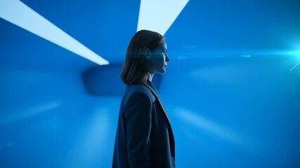 woman profile standing in corridor under linear light. blue hue forms silhouette along coat. gaze directed forward. futuristic interior with minimalist architecture and ambient glow. monochrome tone. - Powered by Adobe