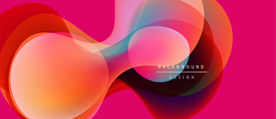 Abstract fluid shapes overlap, creating vibrant color gradients. Pink dominates background, with orange, blue highlights. Modern design element.