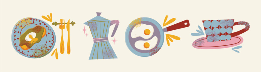 Retro Breakfast Icons Vector Set: Coffee Moka Pot, Fried Eggs Pan, Avocado Toast, and Tea Mug Illustration. Flat vector illustration kitchen utensils. Food and morning meal concept