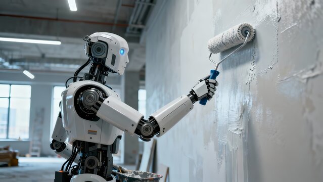 Humanoid Robot Painting Wall Construction Renovation Work