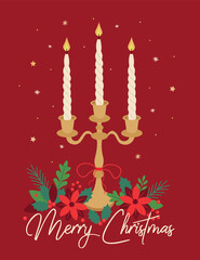 Festive candle holder with flowers and glowing candles on red background.Elegant vector illustration of three candles in a golden holder decorated with floral elements and greenery on a red background