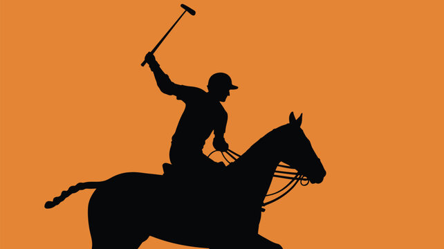 Dynamic silhouette of polo player swinging mallet while riding horse on orange background, offering striking visual power and competitive energy