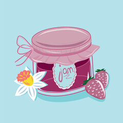 Cute cartoon illustration of a jar of jam with a bow on top, surrounded by strawberries and a flower. Perfect for food, cooking, or gardening themes.