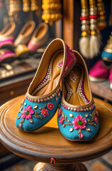 Vibrant blue & pink pair of handcrafted Indian Mojari (Jutti) on a wooden surface, showcasing beautiful floral and bead embroidery. Traditional style.