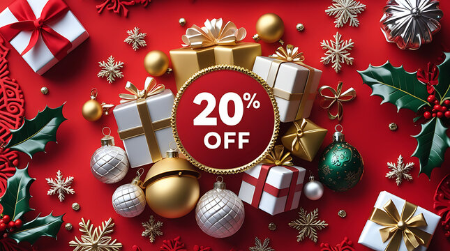 Festive Christmas sale with gifts, ornaments, and snowflakes on a red background, 8k image