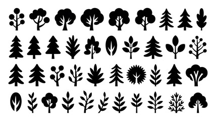 Diverse collection of black tree and leaf silhouettes isolated on white background