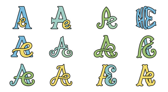 Collection of twelve stylized letter 'A' and 'AE' monograms in various creative fonts and color palettes, featuring blue, green, and yellow hues, presented as a clean vector cartoon illustration on a