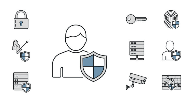 A collection of minimalist security icons, including a person with a shield, a padlock, a key, a fingerprint, a server, a surveillance camera, a firewall, and a screwdriver with a shield, all