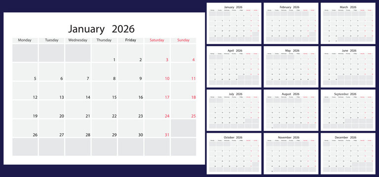 Monthly Calendar Layout for the Year 2026 on a Clean Dark Blue Background.
