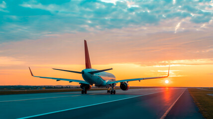 A dramatic photograph of a commercial passenger aircraft landing at sunset.