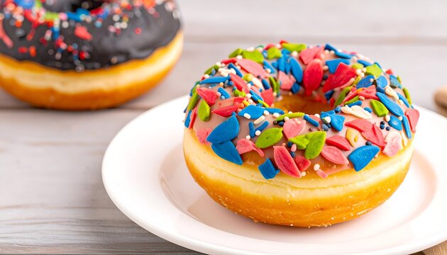 A close-up of a delicious donut with colorful sprinkles on a white plate, with another donut in the background.