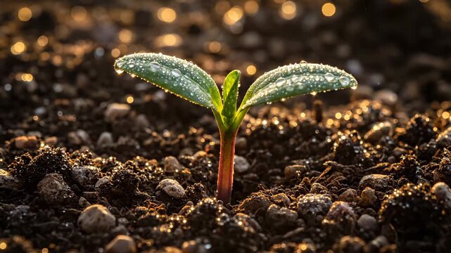 seedling sprout emerges from rich soil. plant stem bears dewdrops on tender green leaf. germination and growth occur in early development. agriculture and farming link with ecology and environment.