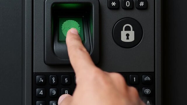 cyber security surveillance policy concept. Fingerprint scanner with keypad for secure access.