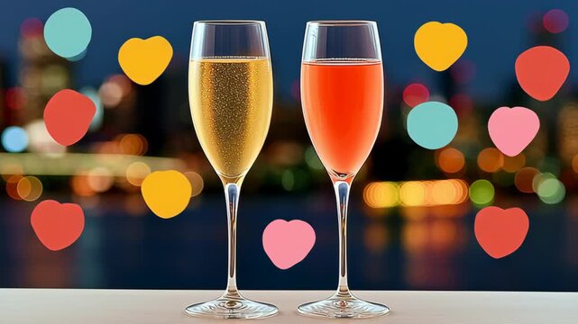 Elegant glasses of sparkling champagne and fruity cocktail on a table, with a blurred city skyline backdrop, showcasing a romantic atmosphere, camera slowly zooms in on the drinks