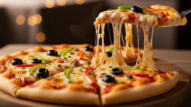 Melted cheese pizza slice stretch