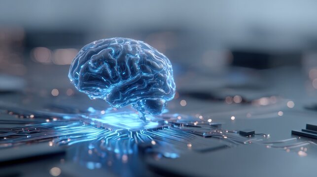 Digital Brain's Power Unleashed: A mesmerizing display of a digital brain, glowing with technological brilliance, sits atop a motherboard. The visual narrative speaks of innovation, intelligence.