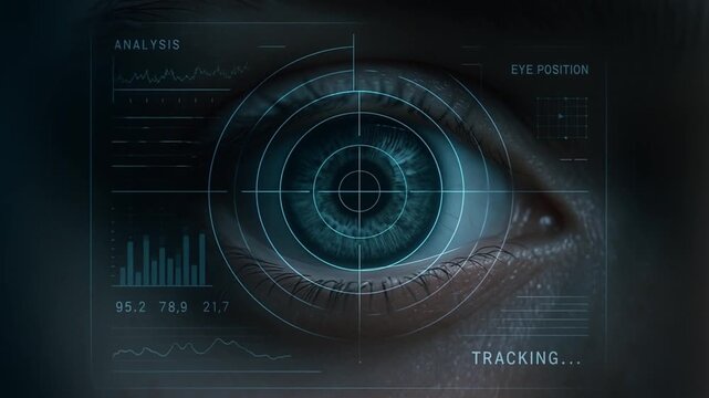 cyber security surveillance policy concept. Futuristic eye tracking interface with data overlay.