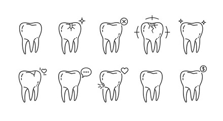 Set of minimalist thin outline icons representing wisdom teeth, showcasing various dental conditions and care concepts like cracks, sparkle, rejection, pain, love, communication, and cost, ideal for