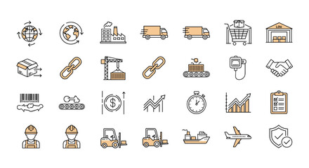 Set of line icons related to supply chain, value chain, logistics, delivery, manufacturing, commerce, outline icon collection, vector illustration. Global logistics, factory, truck, cargo, conveyor