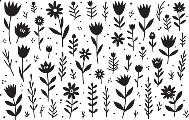 Fototapeta premium Collection of hand drawn floral elements silhouette