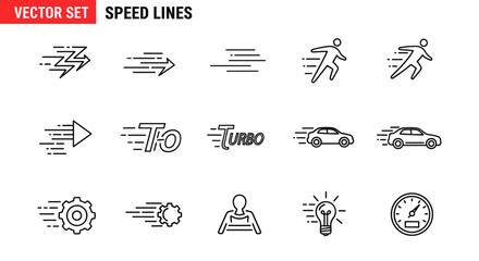 Vector set of speed lines and motion icons, including fast and slow movement indicators, turbo, speeding cars, gears, running figures, lightbulb for ideas, and a speedometer, perfect for representing