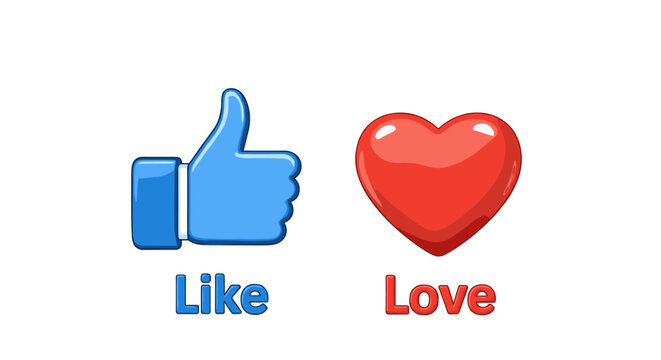 A vibrant 3D illustration featuring the iconic blue 'Like' thumb-up symbol and a glossy red heart symbol, representing social media engagement and affection. These popular icons are presented