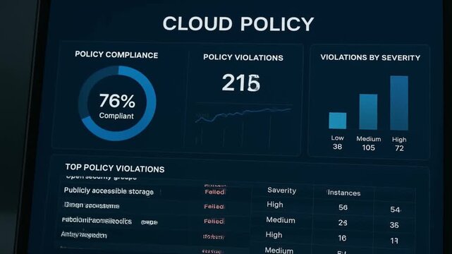 cyber security surveillance policy concept. Dashboard displaying cloud policy compliance and violations statistics.