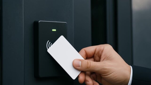 cyber security surveillance policy concept. Hand using a card on a contactless reader for access control.