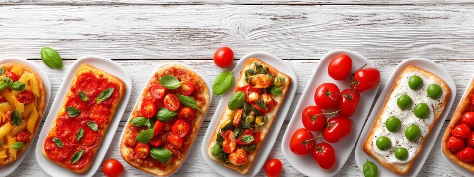 A colorful assortment of Italian dishes fills a rustic wooden table. Plates showcase pizza with fresh toppings, pasta, and ripe cherry tomatoes, creating a feast for the senses