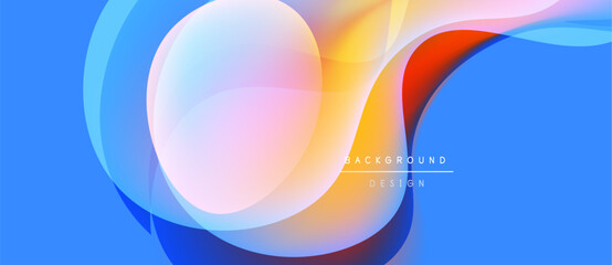 Abstract colorful shapes overlap. Blue background provides contrast. Modern design elements create dynamic visual effect. Smooth gradients present soft transitions.