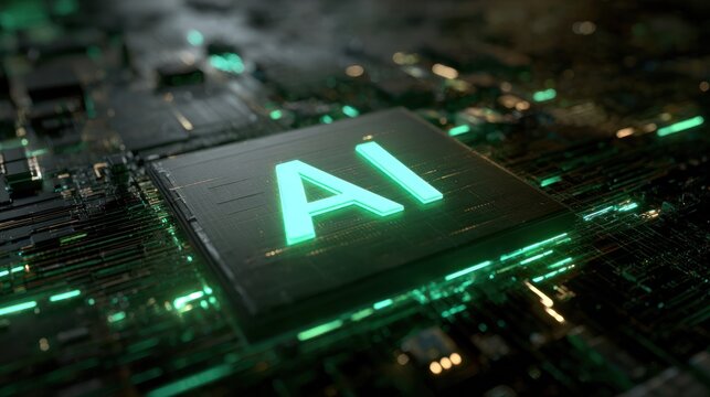 AI Chip: A close-up view of an advanced microchip, the core of Artificial Intelligence technology, glows with intricate circuitry and the vibrant AI inscription in a display of modern innovation.