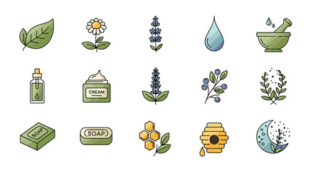 Set of 15 flat design icons representing natural cosmetic ingredients and products, including leaves, flowers, lavender, blueberries, soap, cream, essential oil bottle, beehive, honeycomb, mortar and