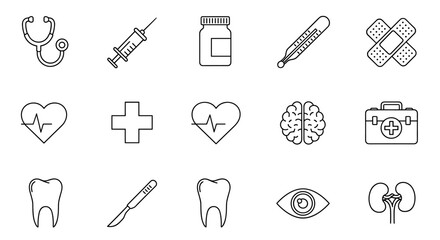 A collection of thin, editable stroke medical icons, perfect for websites, books, cards, and apps. This vector cartoon illustration features a white background and includes a stethoscope, syringe
