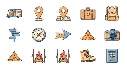 Collection of flat design travel and adventure icons, including a motorhome, map pin, suitcase, backpack, directional signpost, compass, arrow, tent, campfire, hiking boots, and passport, perfect for