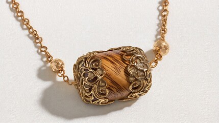 Ornate Necklace Featuring a Wooden Bead and Delicately Crafted Gold-Colored Metalwork Set Against a Plain Background