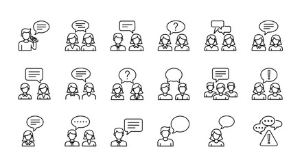 Diverse group of people engaged in communication, represented by a thin line icon set featuring speech bubbles, question marks, and exclamation points, ideal for graphic and web design, apps