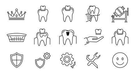 A comprehensive collection of dental crown-related line icons, featuring outline signs perfect for graphic and web design, mobile applications, advertisements, and various card designs. This vector