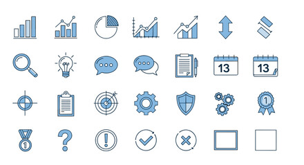 Collection of simple, flat design icons in blue and white, perfect for presentations, infographics, articles, books, flyers, and banners, featuring elements like charts, graphs, search magnifying