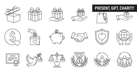 Present, Gift, Charity Credit Line Icon Pack: Outline Signs for Graphic and Web Design, Apps, Advertisements, Various Cards, Vector Cartoon Illustration with a White Background, symbolizing