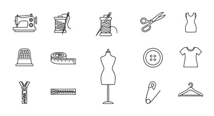 A collection of clean, minimalist outline-style icons representing sewing and garment-related tools and items, perfect for design projects, cards, apps, and social networks. This vector cartoon