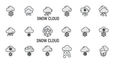Collection of minimalistic snow cloud icons for web and graphic design, apps, banners, social networks, and cards, featuring various snowflake and precipitation styles, presented as vector cartoon