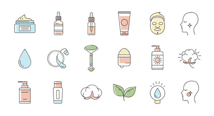 A vibrant and minimalistic collection of linear pictograms representing a skin care line, perfect for web and graphic design, apps, banners, social networks, and cards. This vector cartoon