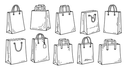 A hand-drawn doodle set of paper shopping bags in black outline, featuring various styles and designs, perfect for e-commerce, retail, and marketing graphics, presented as a clean vector illustration.