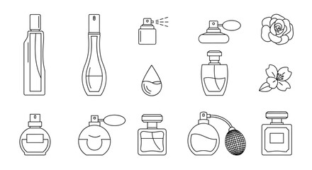 Collection of minimalist linear icons representing various perfume bottles, atomizers, and floral elements, symbolizing fragrance, beauty, and elegance. This vector set is perfect for web design