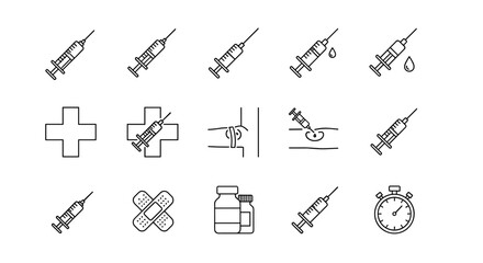 Set of medical icons featuring syringes, crosses, bandages, vials, and a stopwatch, presented in a clean, line-art style on a white background, perfect for healthcare graphics, apps, and concept