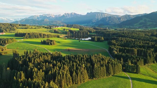 Aerial view of the serene Attlesee lake nestled among verdant meadows and dense forests, set against a backdrop of majestic mountains, Attlesee, Bayern, Germany.