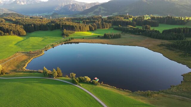 Aerial view of a serene lake reflecting the sky, surrounded by lush green meadows and dense forests, with mountain ranges in the backdrop, Nesselwang, Bayern, Germany.