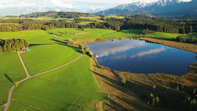 Aerial view of the serene Attlesee lake surrounded by lush green meadows and dense forest with snow-capped mountains, Nesselwang, Bayern, Germany.