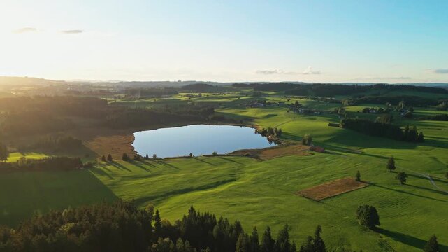 Aerial view of a serene lake reflecting the sky, nestled amidst vibrant green fields and forests, creating a tranquil landscape, Nesselwang, Bayern, Germany.